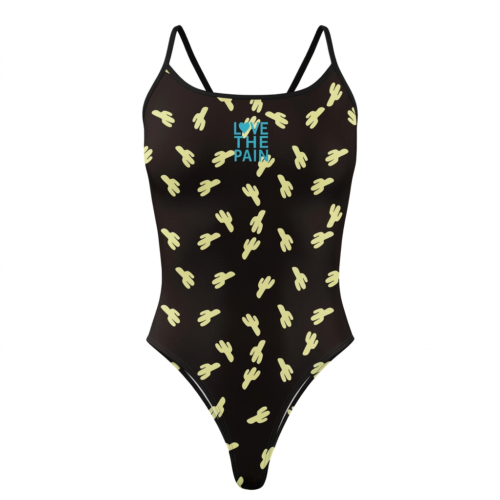 Black cactus print one-piece swimsuit, clean studio view