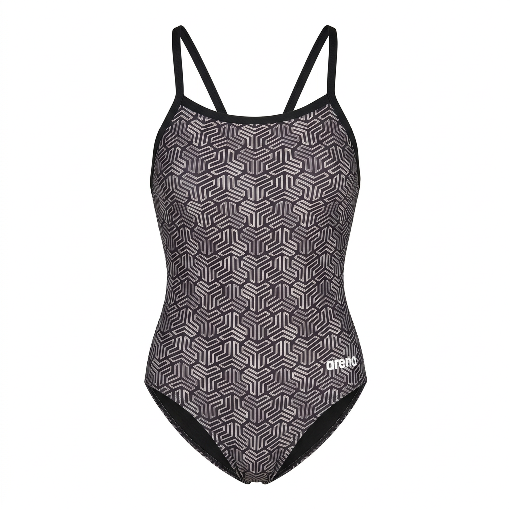 Black geometric one-piece swimsuit, studio view