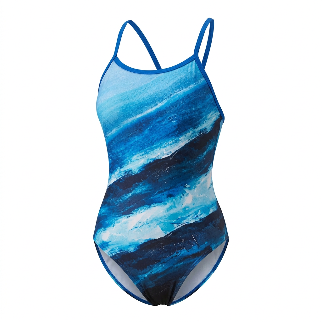 Blue wave-print one-piece swimsuit on white background