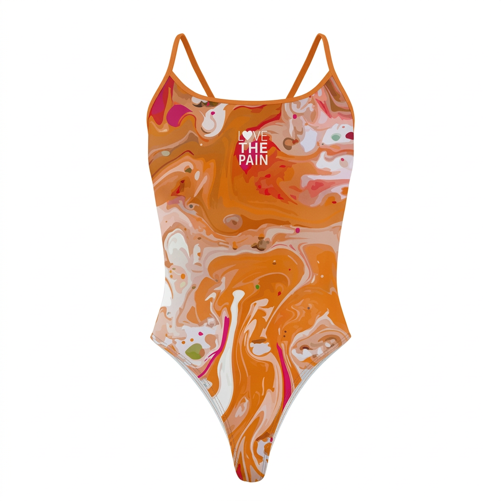 Orange swirl swimsuit with orange straps, studio view