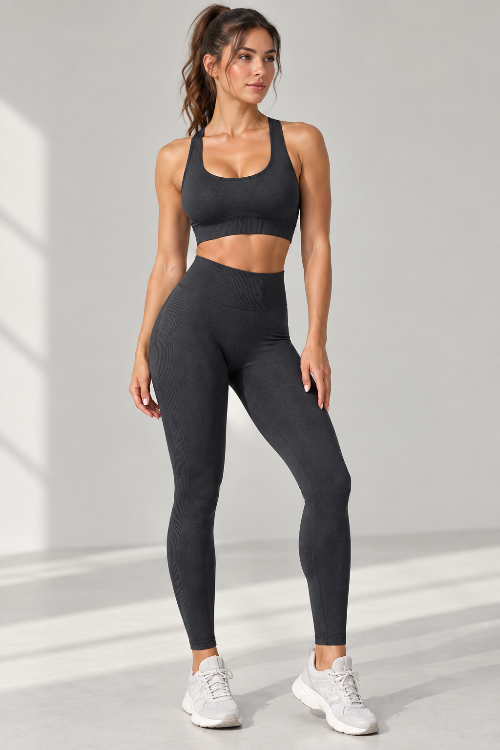 Model wearing black sports bra and leggings set