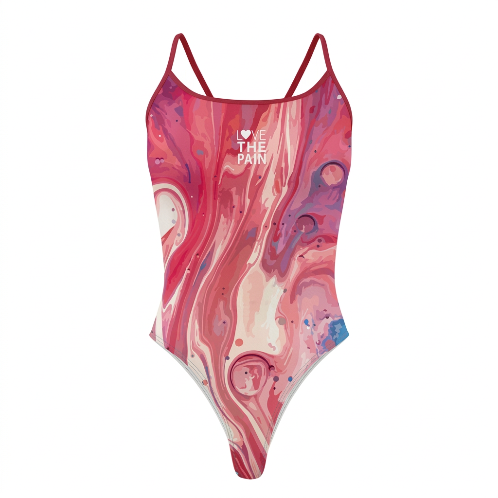 Pink marble swimsuit with red straps, studio view