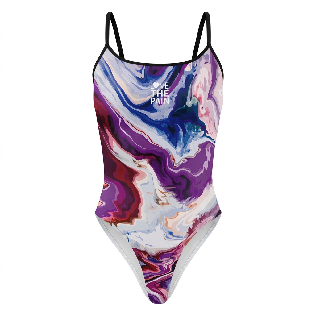 Purple pink and white marbled one-piece swimsuit, studio view