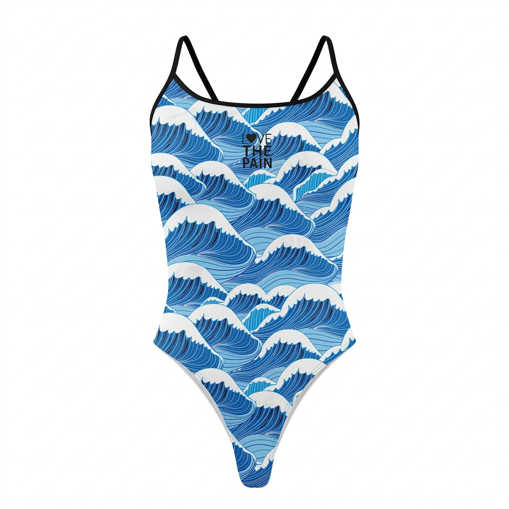 Blue wave-print one-piece swimsuit on white background