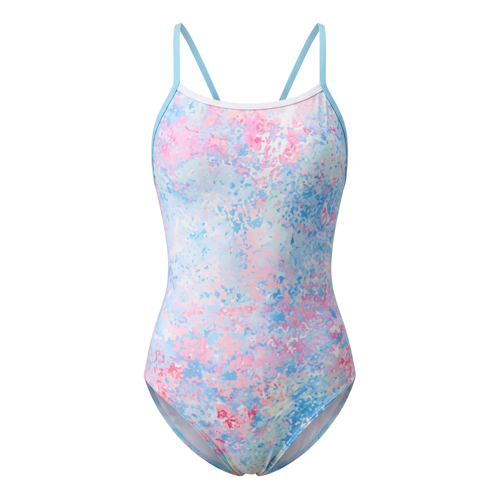Pastel blue and pink abstract-print one-piece swimsuit on white background