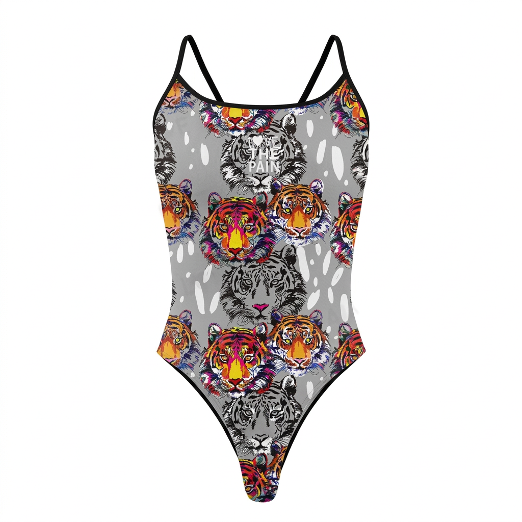 Tiger-print one-piece swimsuit on white background