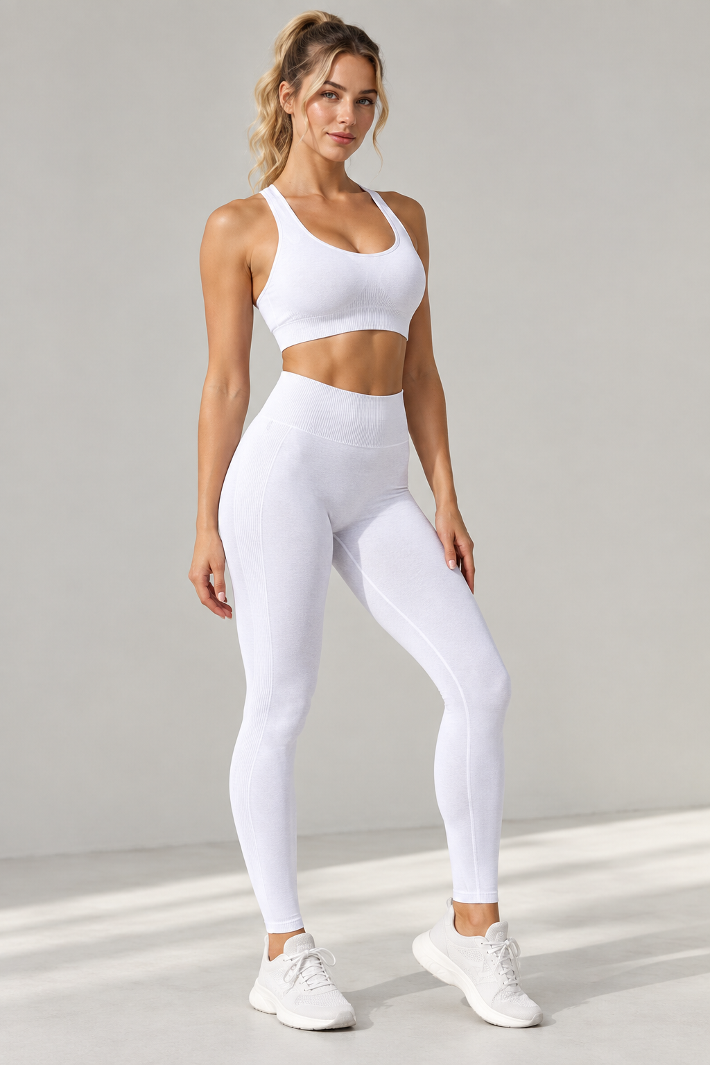 Model wearing white sports bra and leggings set