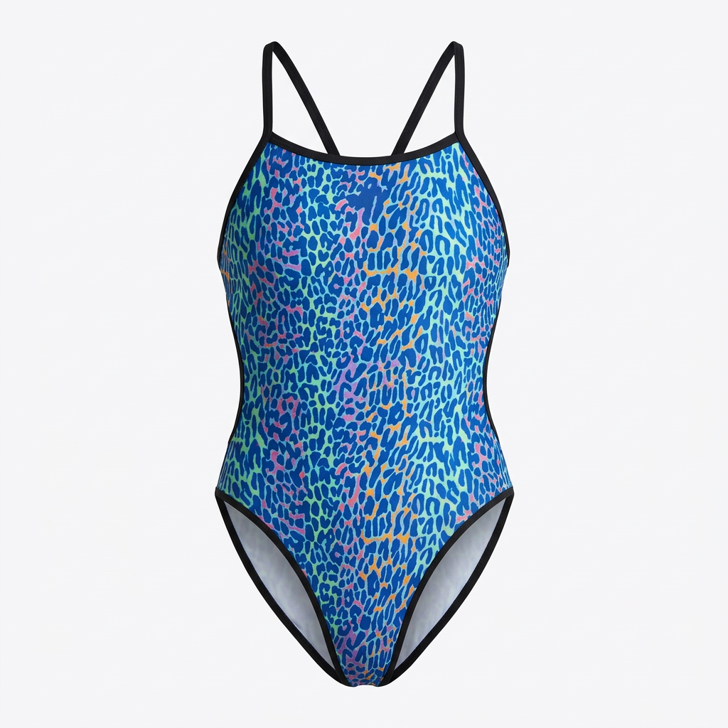 Blue leopard-print one-piece swimsuit with black trim, studio view