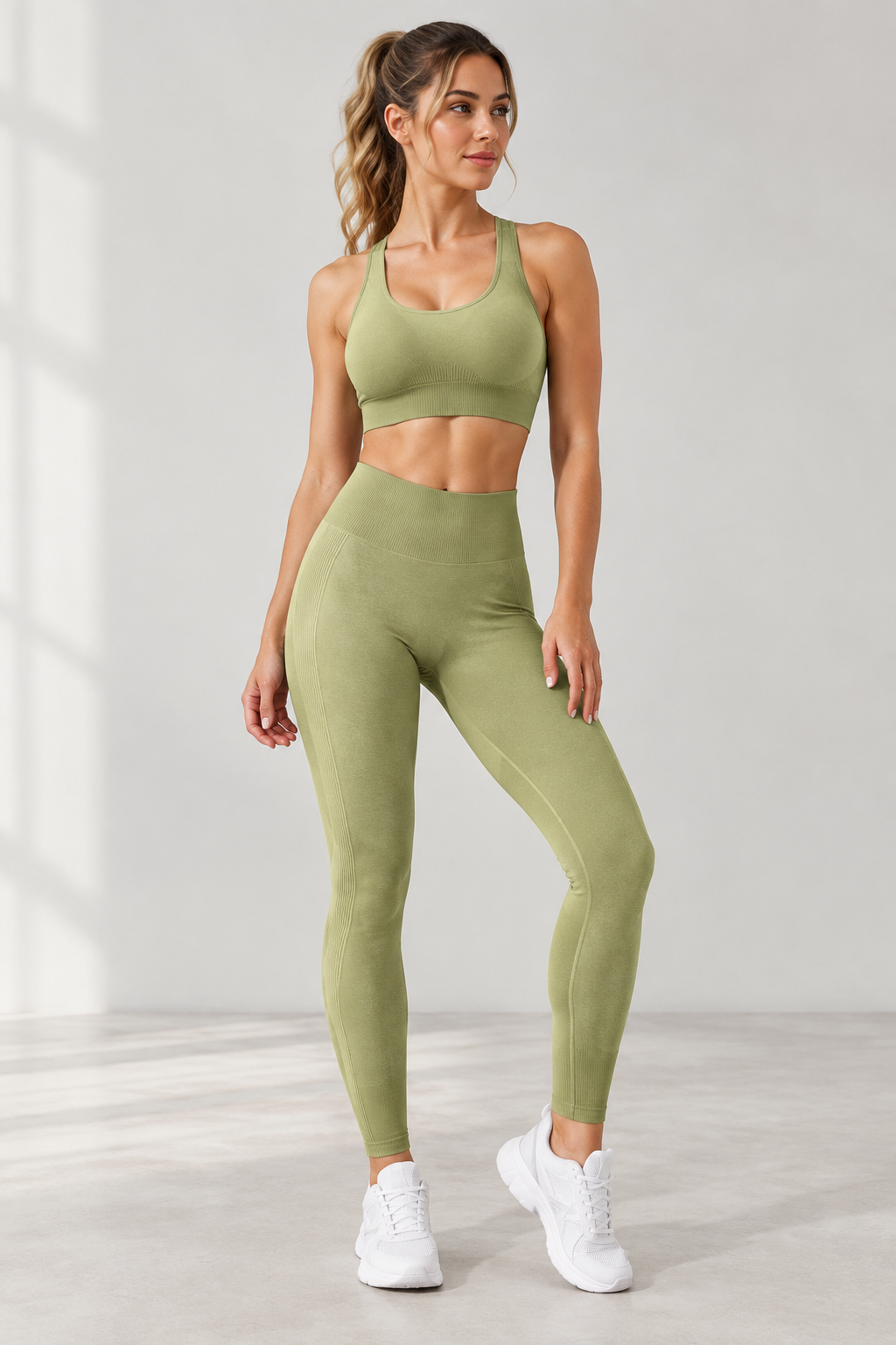 Model wearing army green sports bra and leggings set