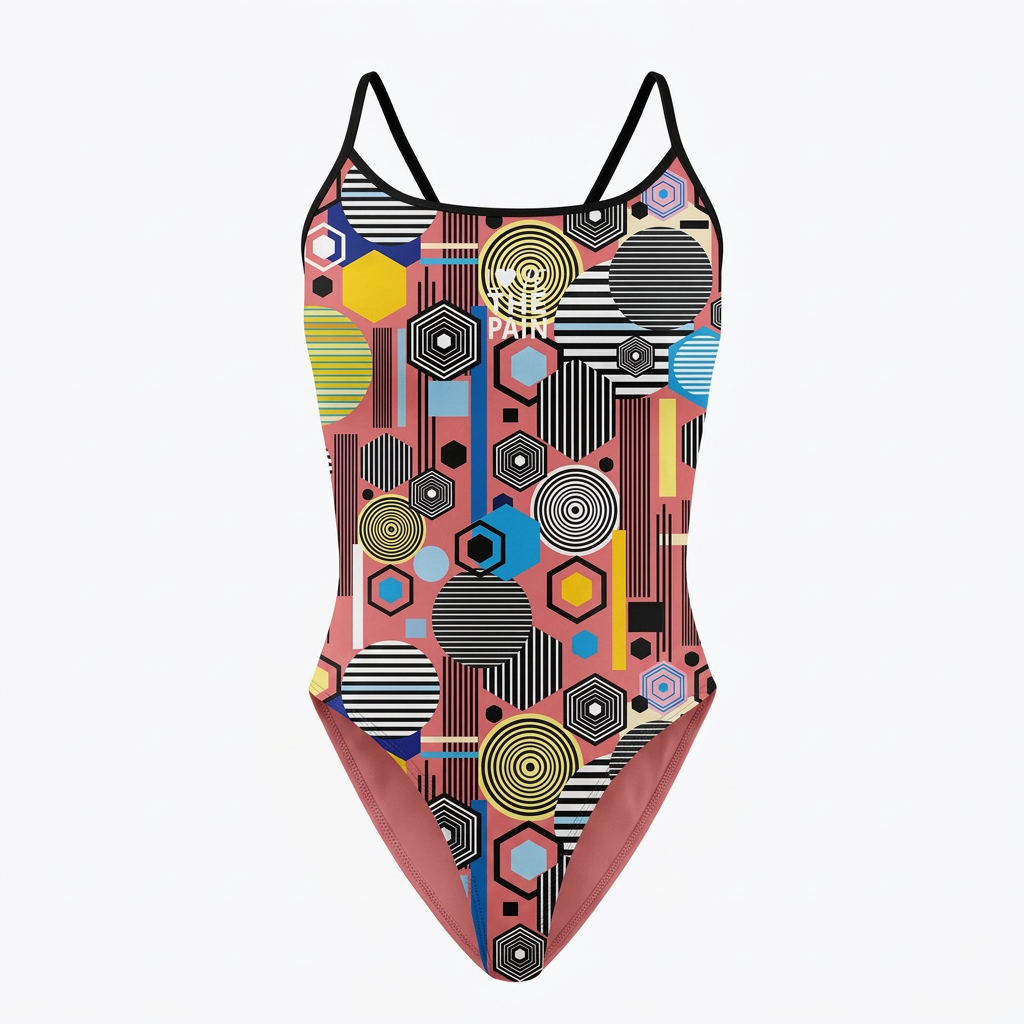 Pink geometric circles-and-hexagons one-piece swimsuit with one thin black strap on each side on a clean white background