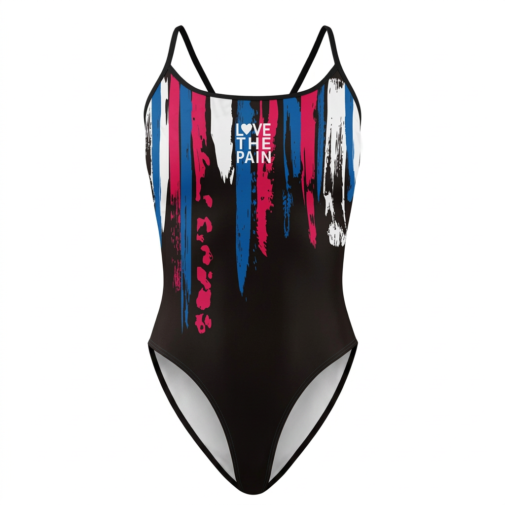 Blue pink and white brushstroke one-piece swimsuit, clean studio view