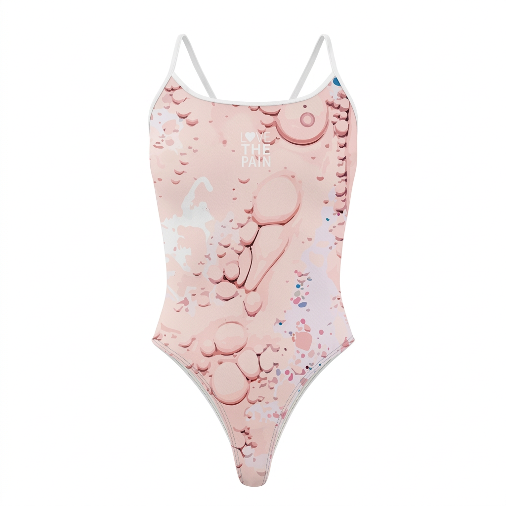 Pale pink bubble-print swimsuit, studio view