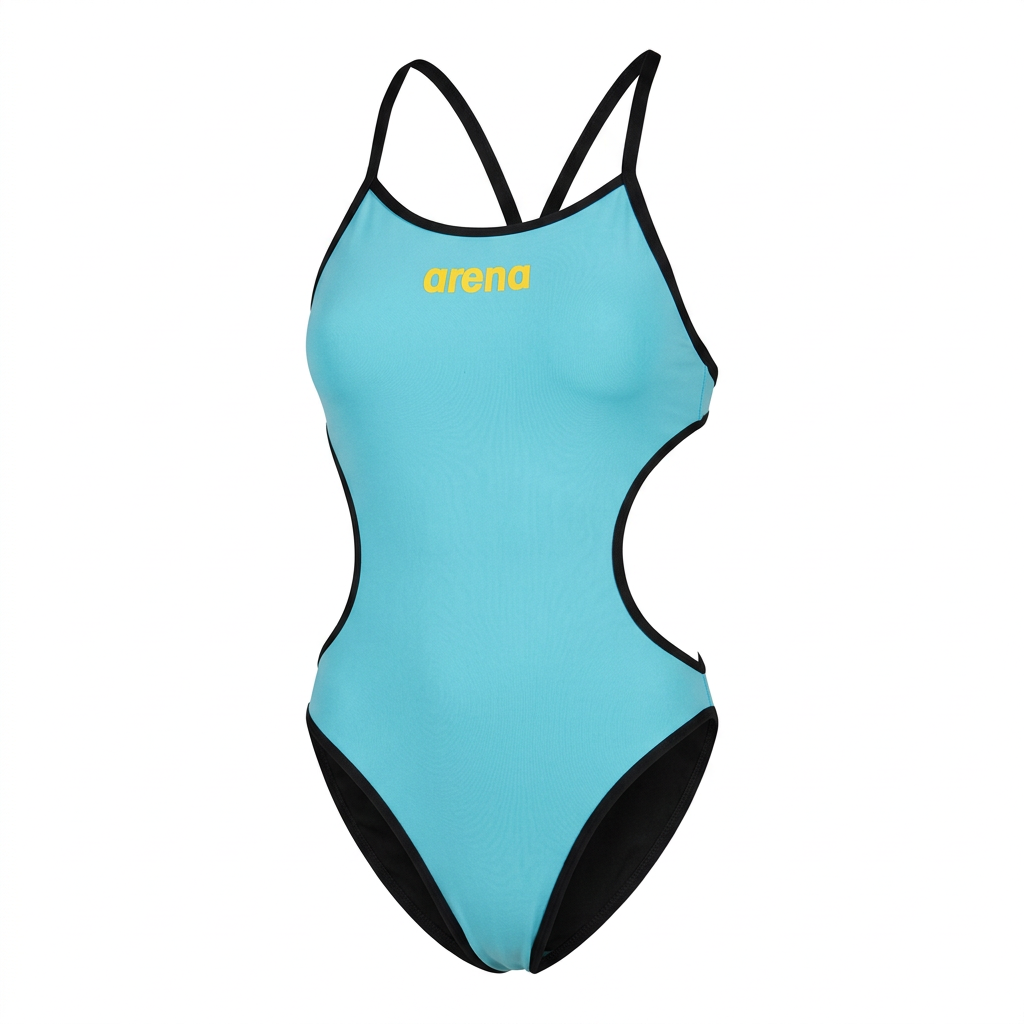 Plain turquoise cut-out one-piece swimsuit, clean studio view