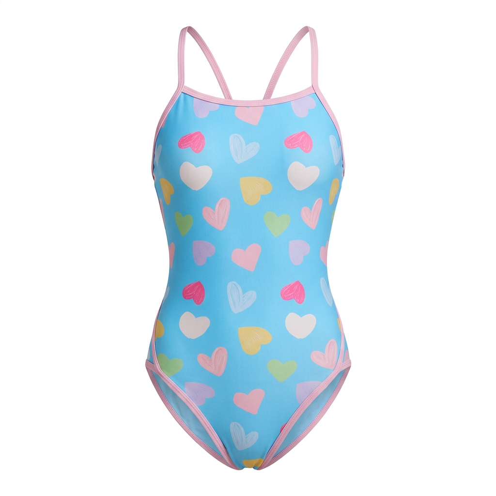 Blue heart-print one-piece swimsuit with pink straps on white background