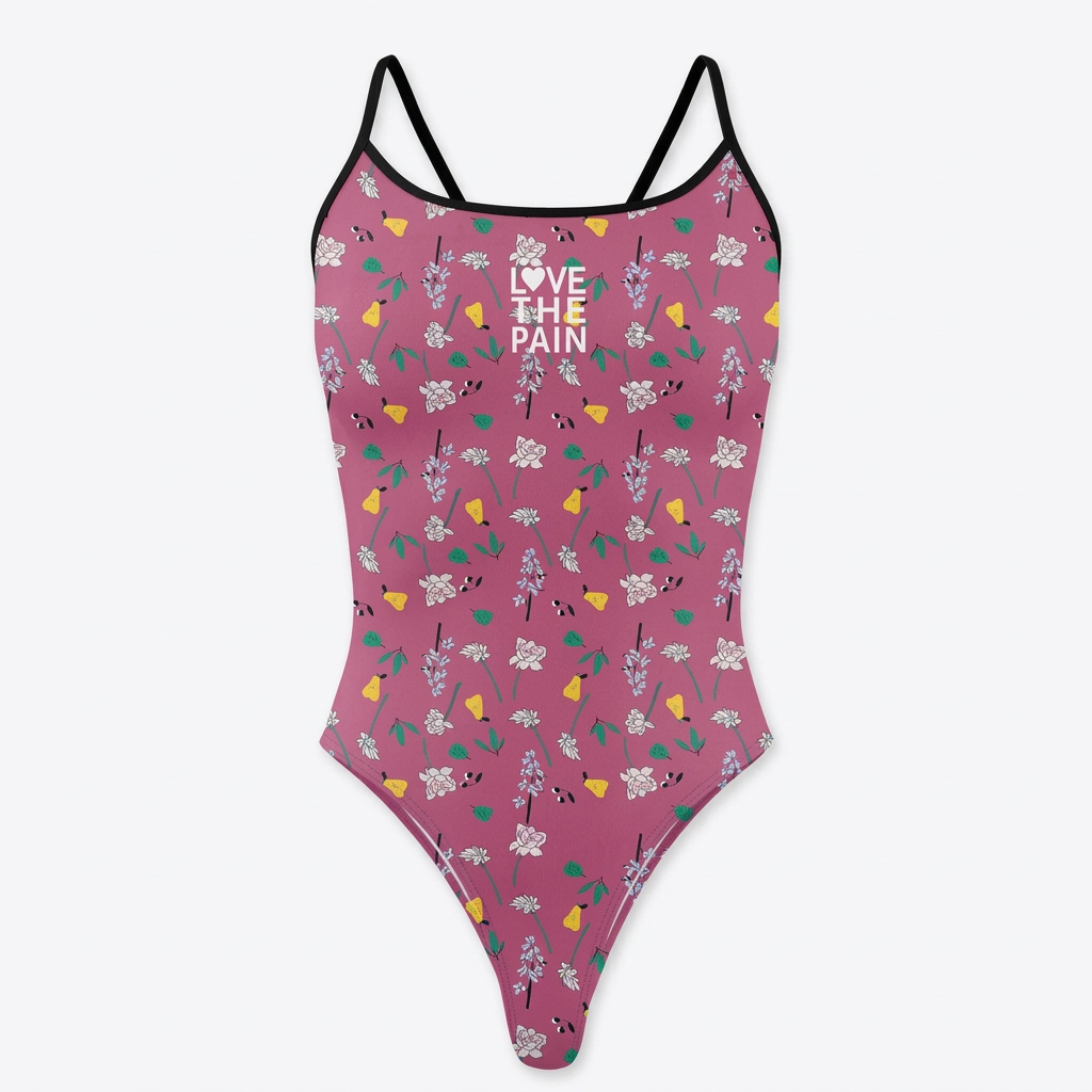 Pink floral-print one-piece swimsuit on white background