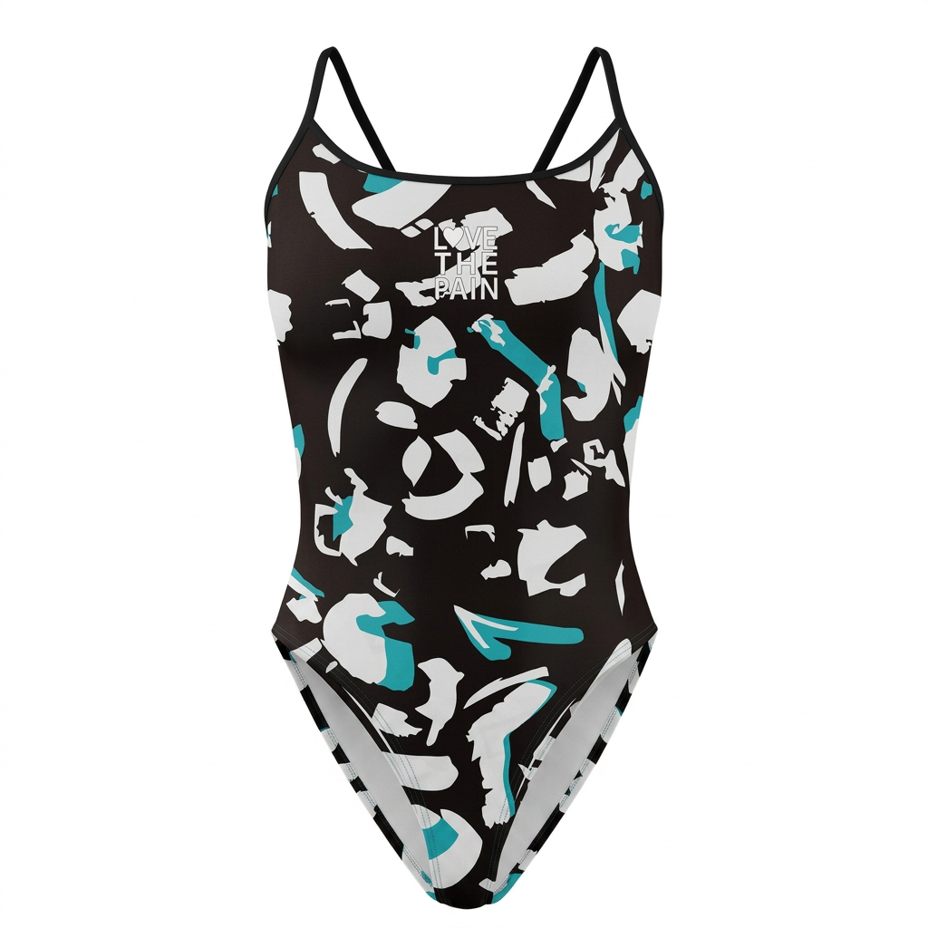 Black white and teal abstract one-piece swimsuit, clean studio view