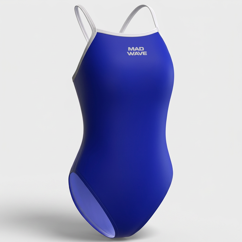 Royal blue thin-strap one-piece swimsuit, studio