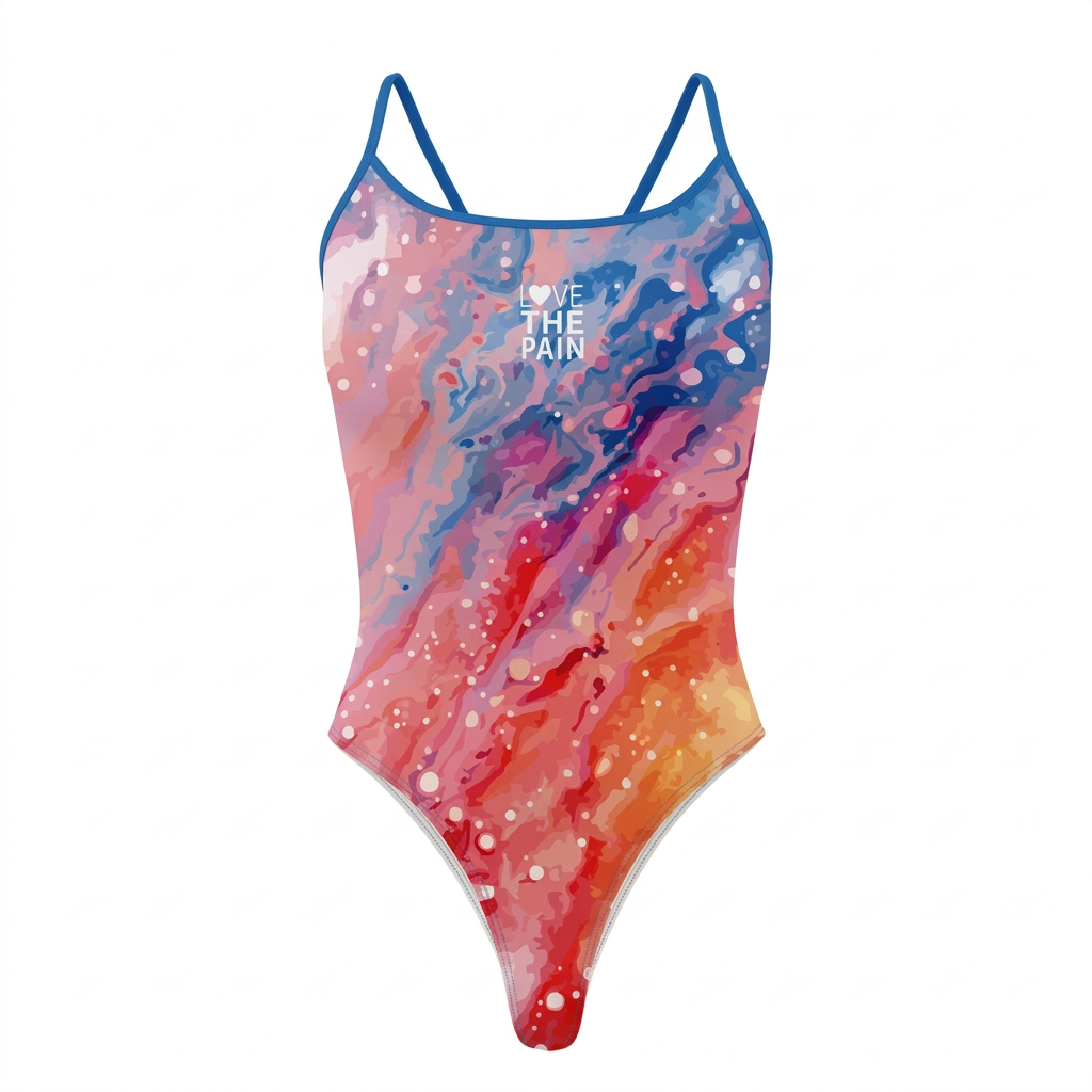 Rainbow marble swimsuit with blue straps, studio view
