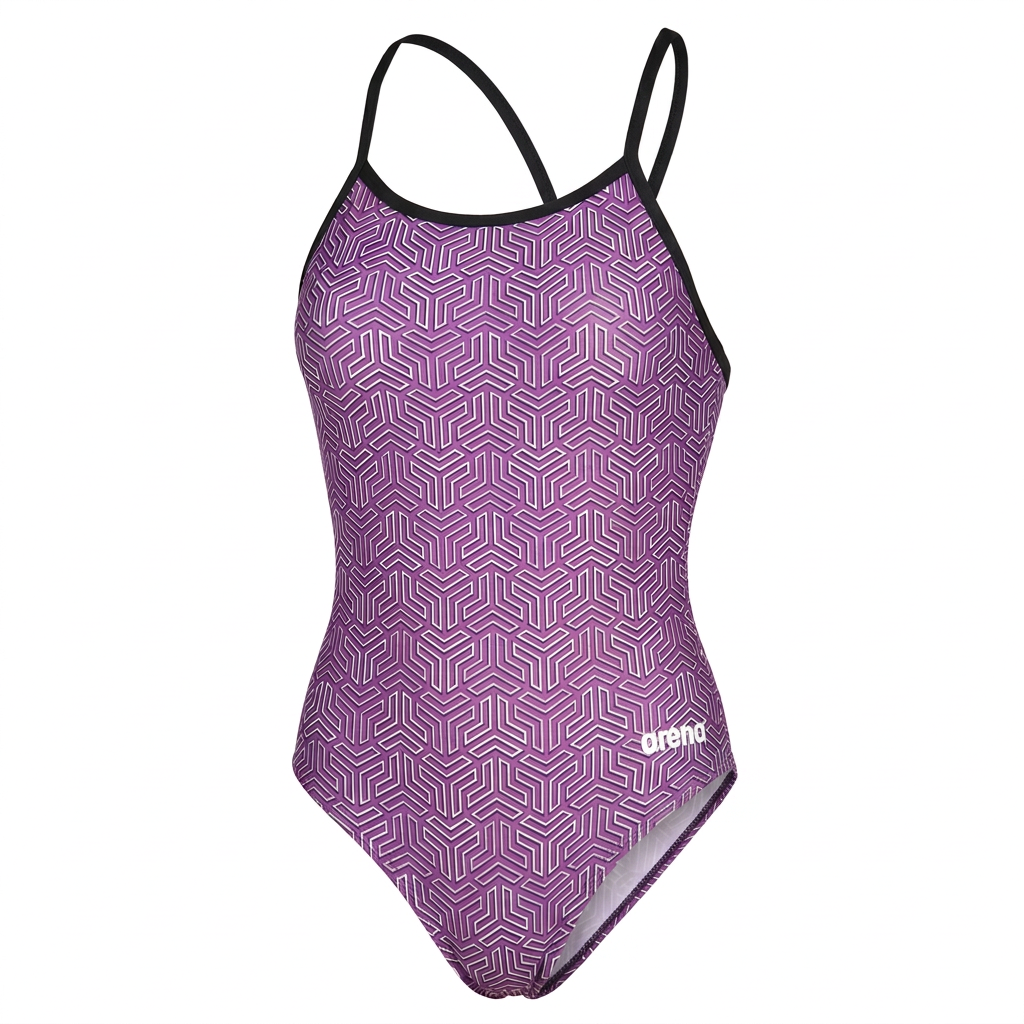Purple geometric swimsuit with black trim, studio view