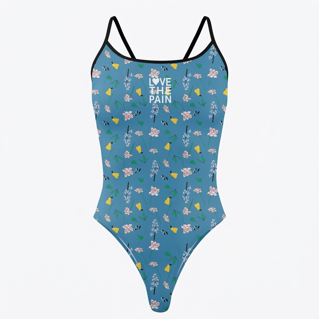 Blue floral-print one-piece swimsuit on white background