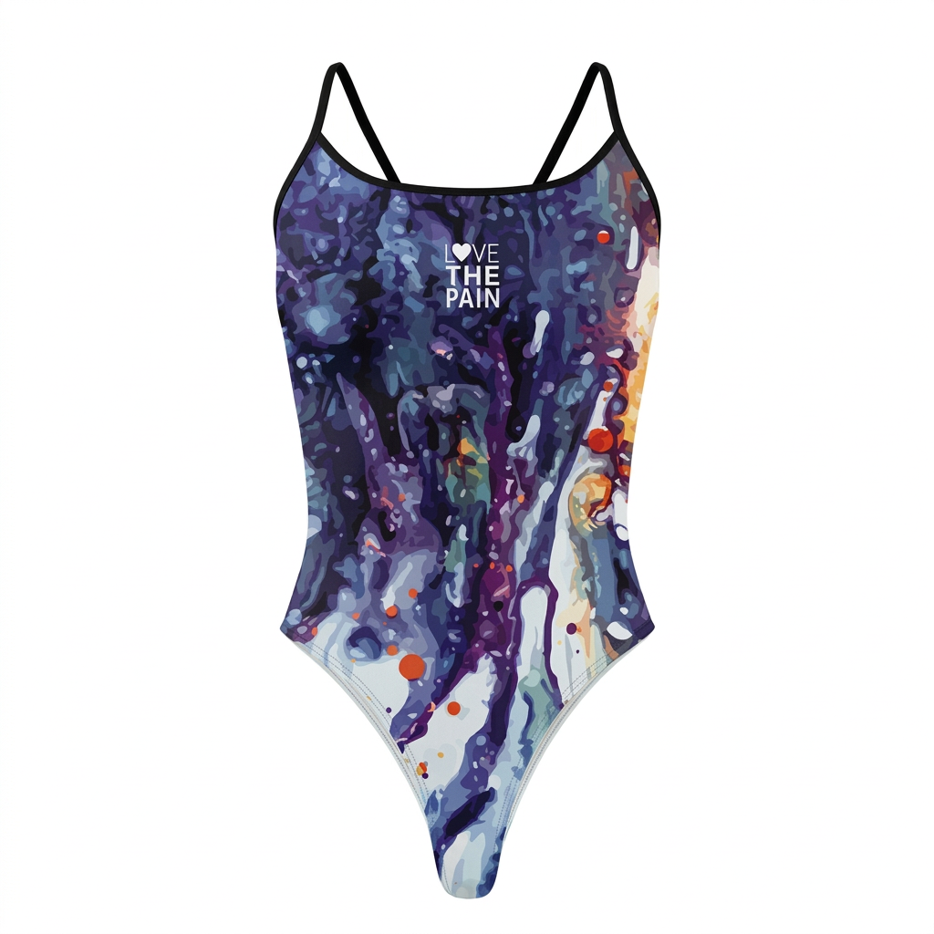 Dark blue and purple abstract thin-strap one-piece swimsuit, studio view