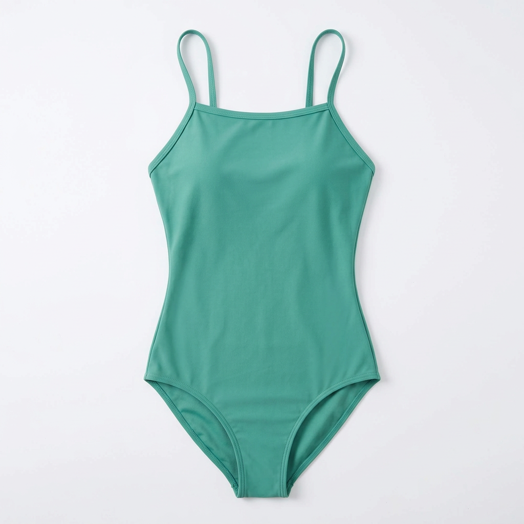 Plain green thin-strap one-piece swimsuit on white background