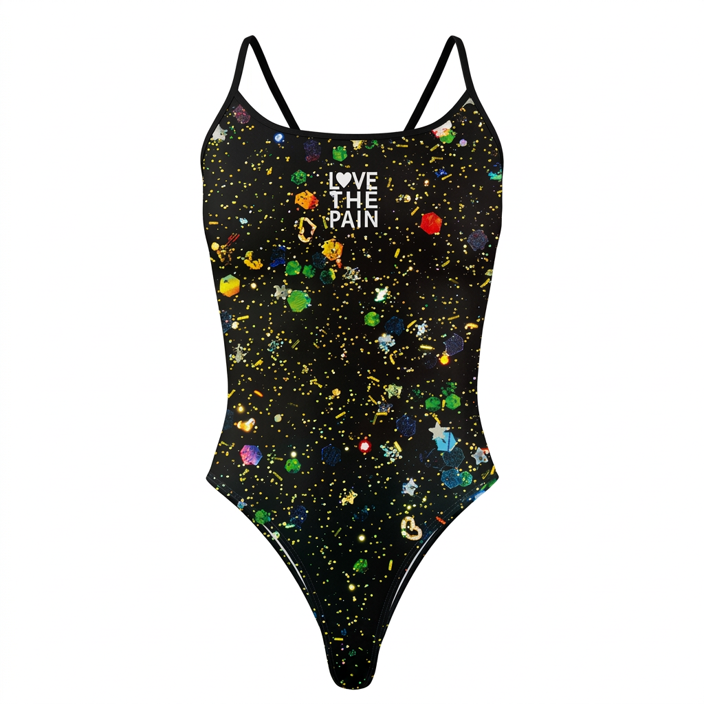 Black confetti-print one-piece swimsuit on white background