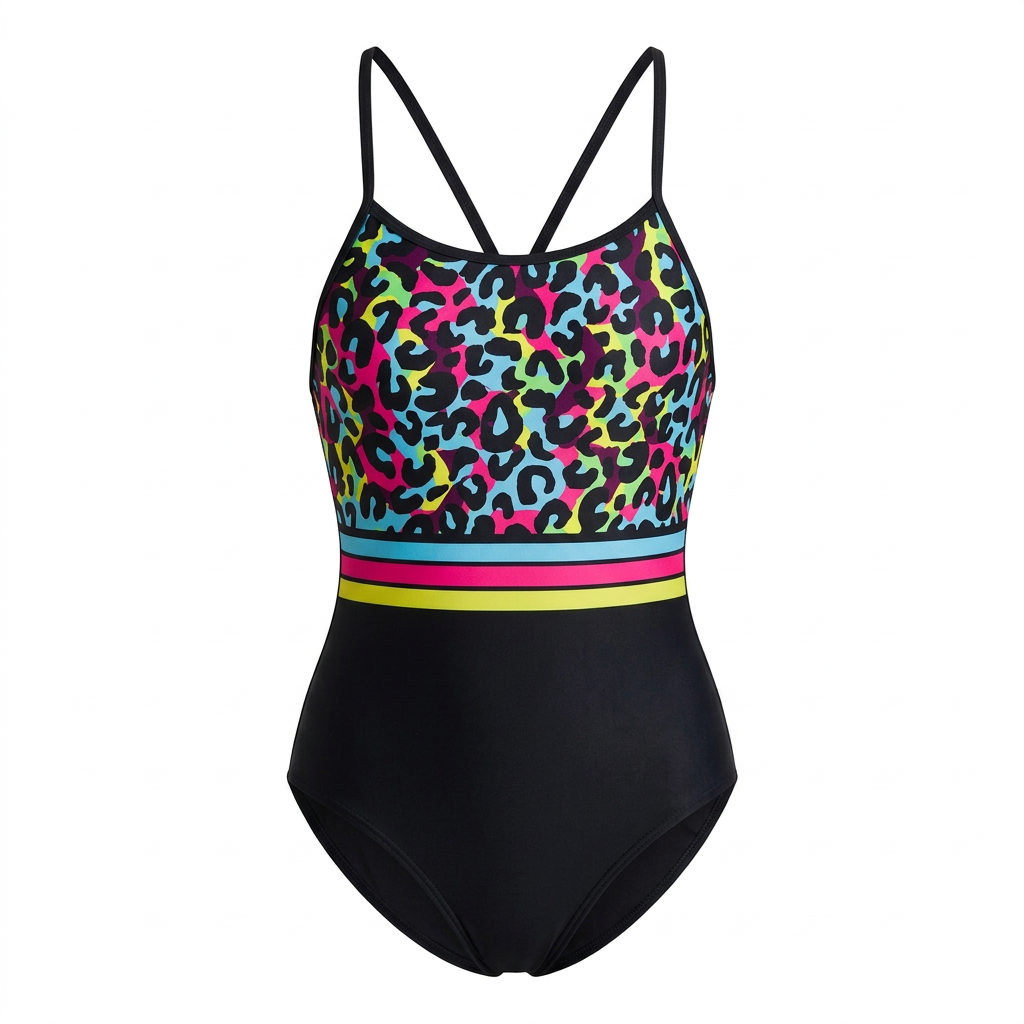 Neon leopard swimsuit with striped waist and black lower panel, studio view