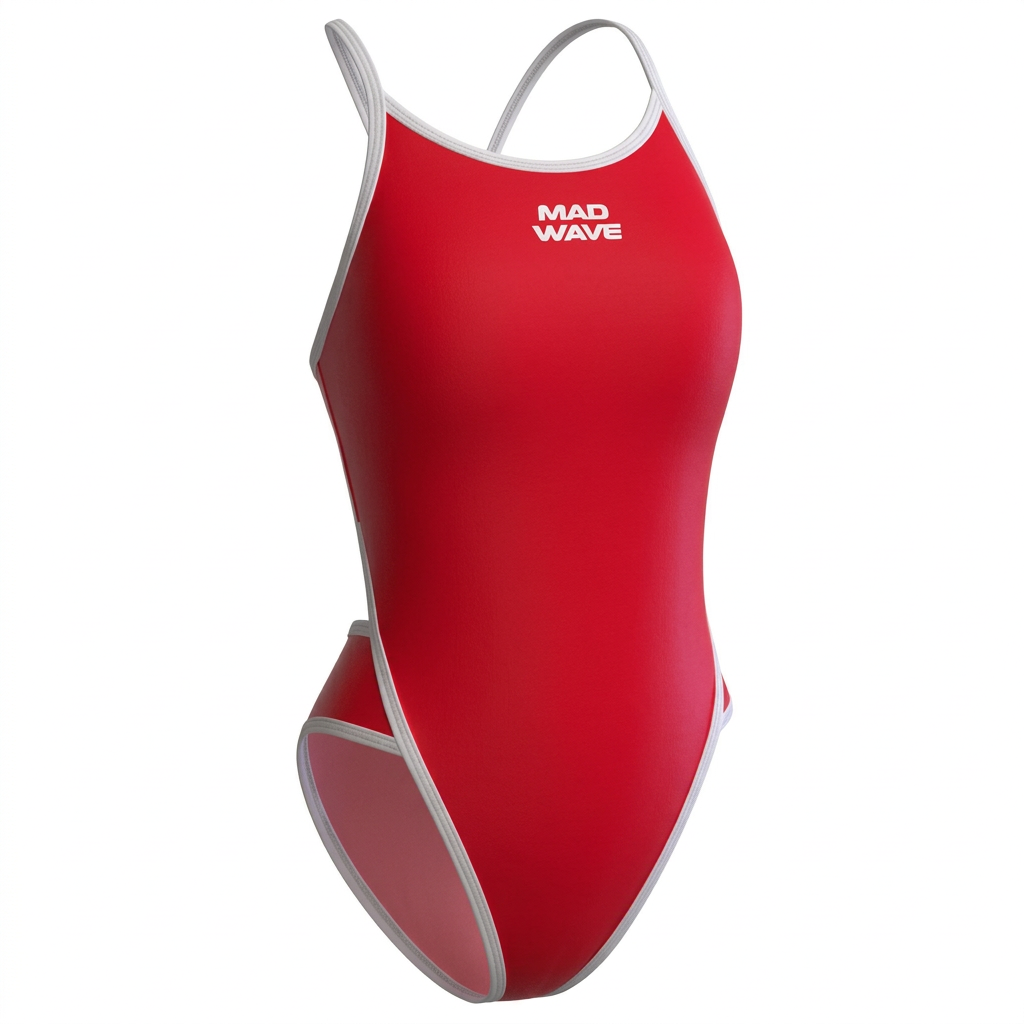 Red one-piece swimsuit with white trim