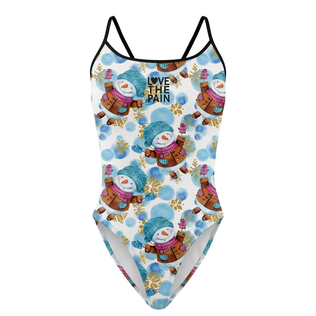 Snowman-print one-piece swimsuit on white background
