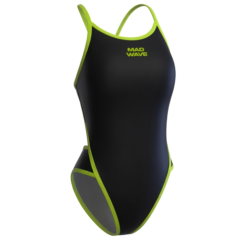 Black one-piece swimsuit with lime trim