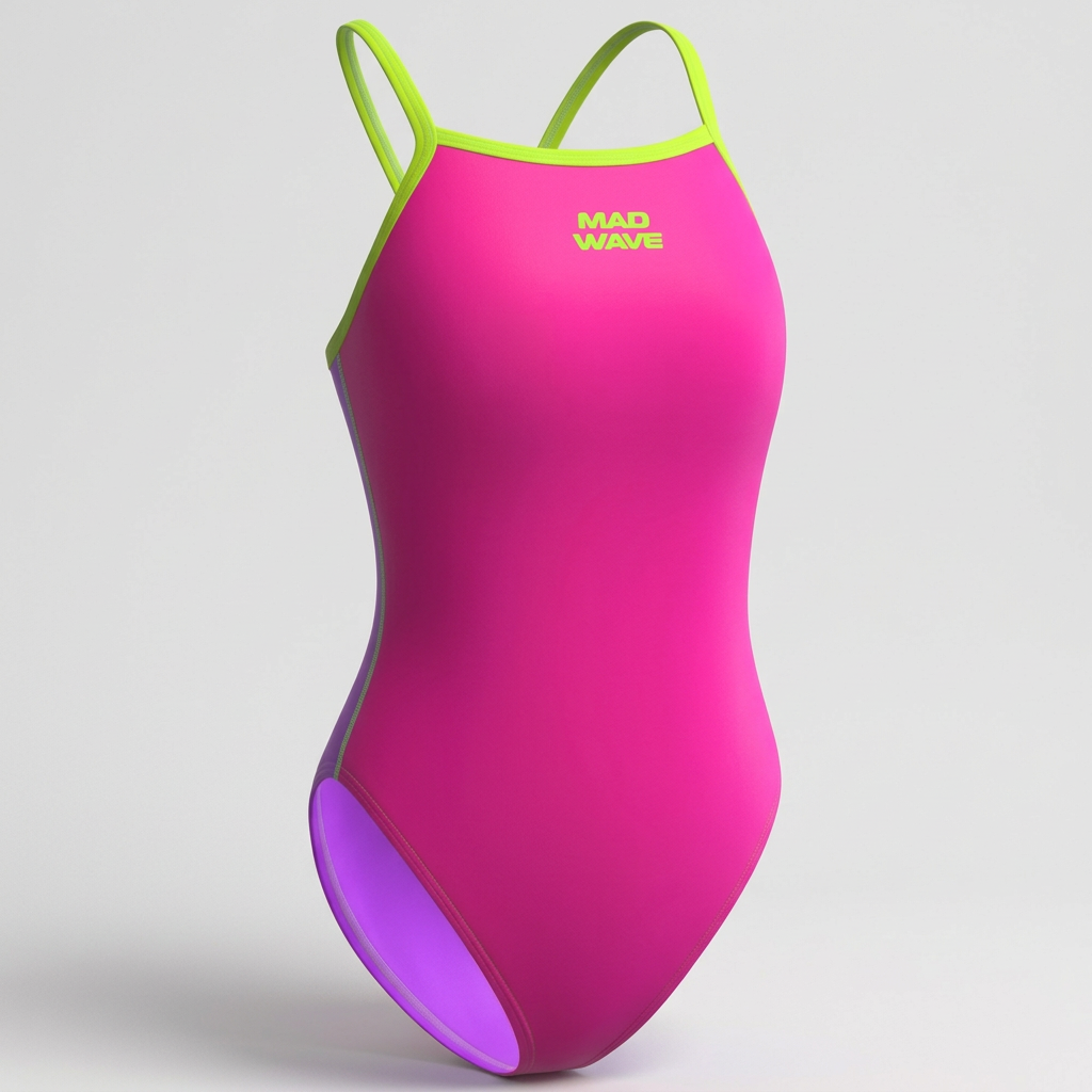 Pink and lime thin-strap one-piece swimsuit, studio