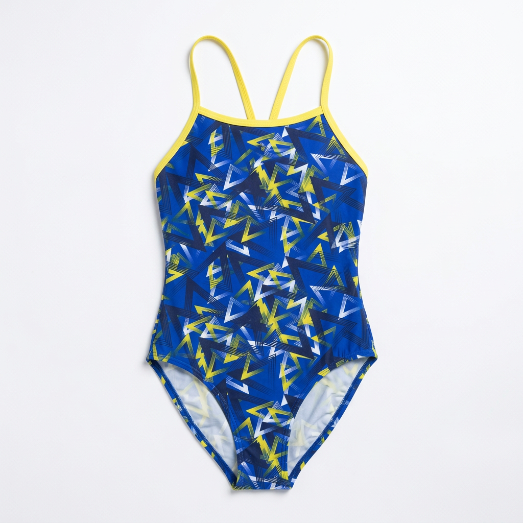Blue and yellow geometric one-piece swimsuit, studio view