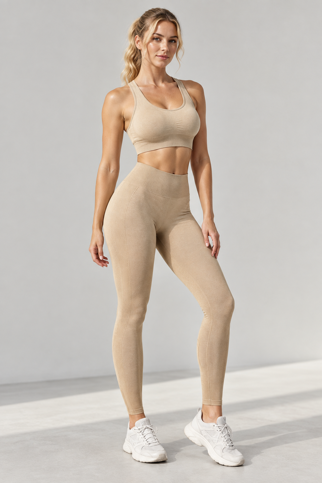 Model wearing beige sports bra and leggings set