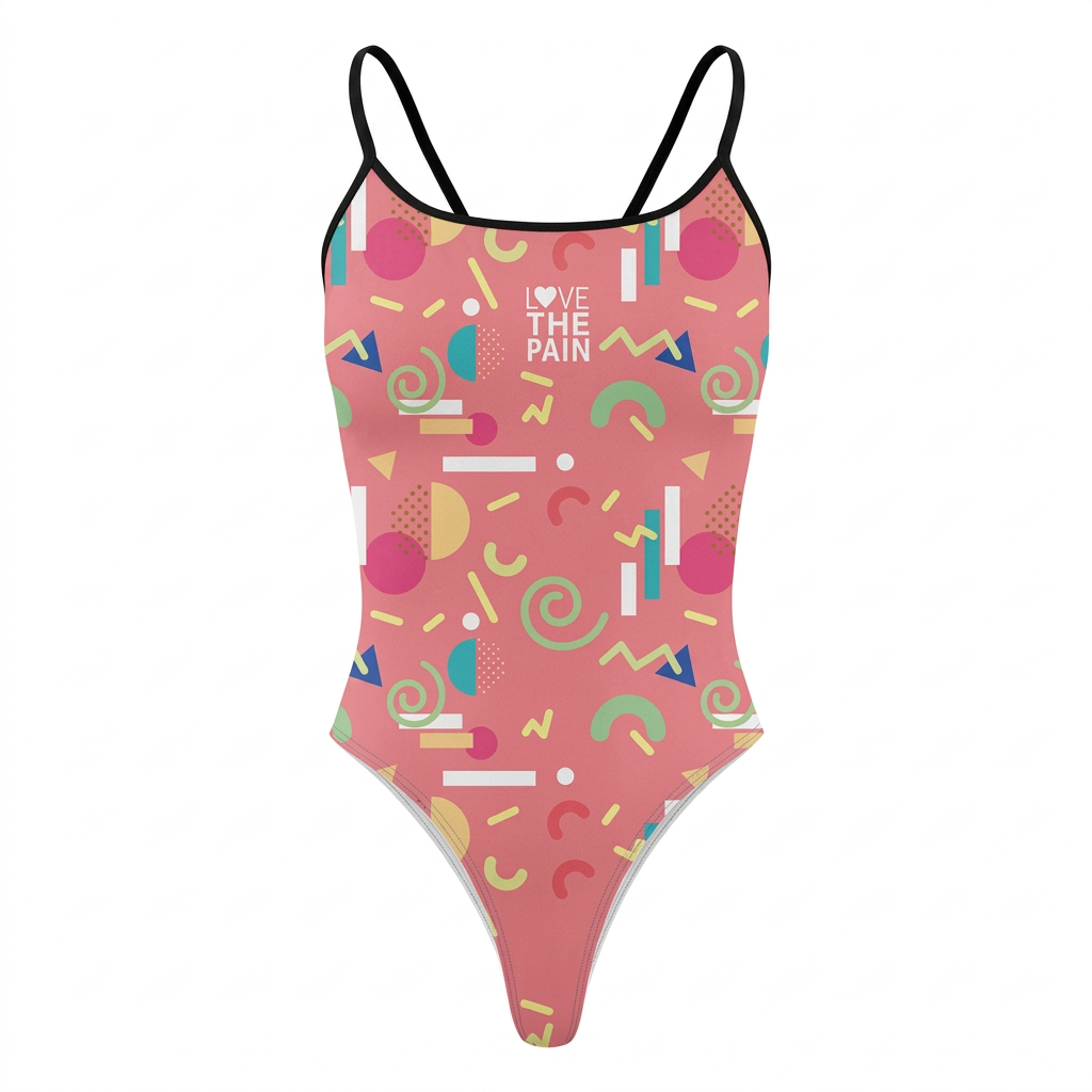 Coral pink retro abstract-print one-piece swimsuit with complete single black shoulder straps on a clean white background