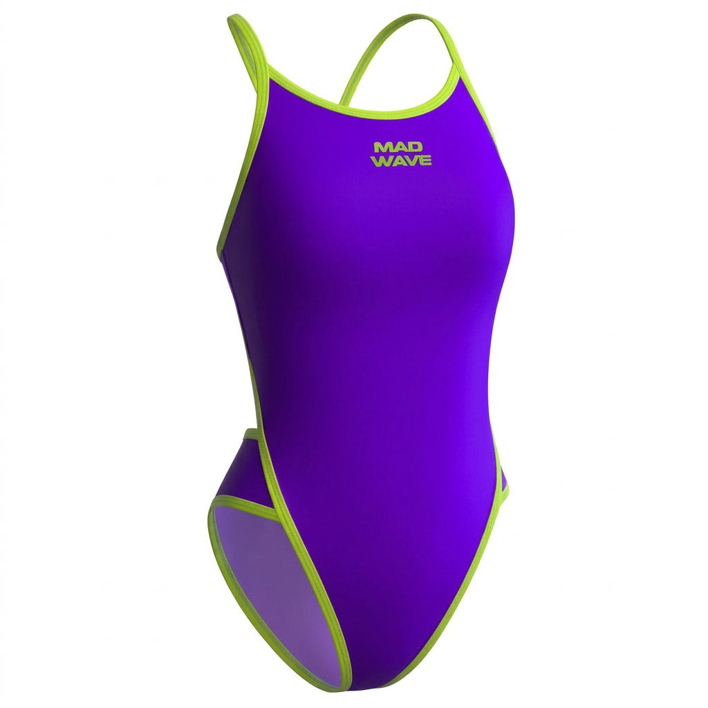 Purple one-piece swimsuit with lime trim