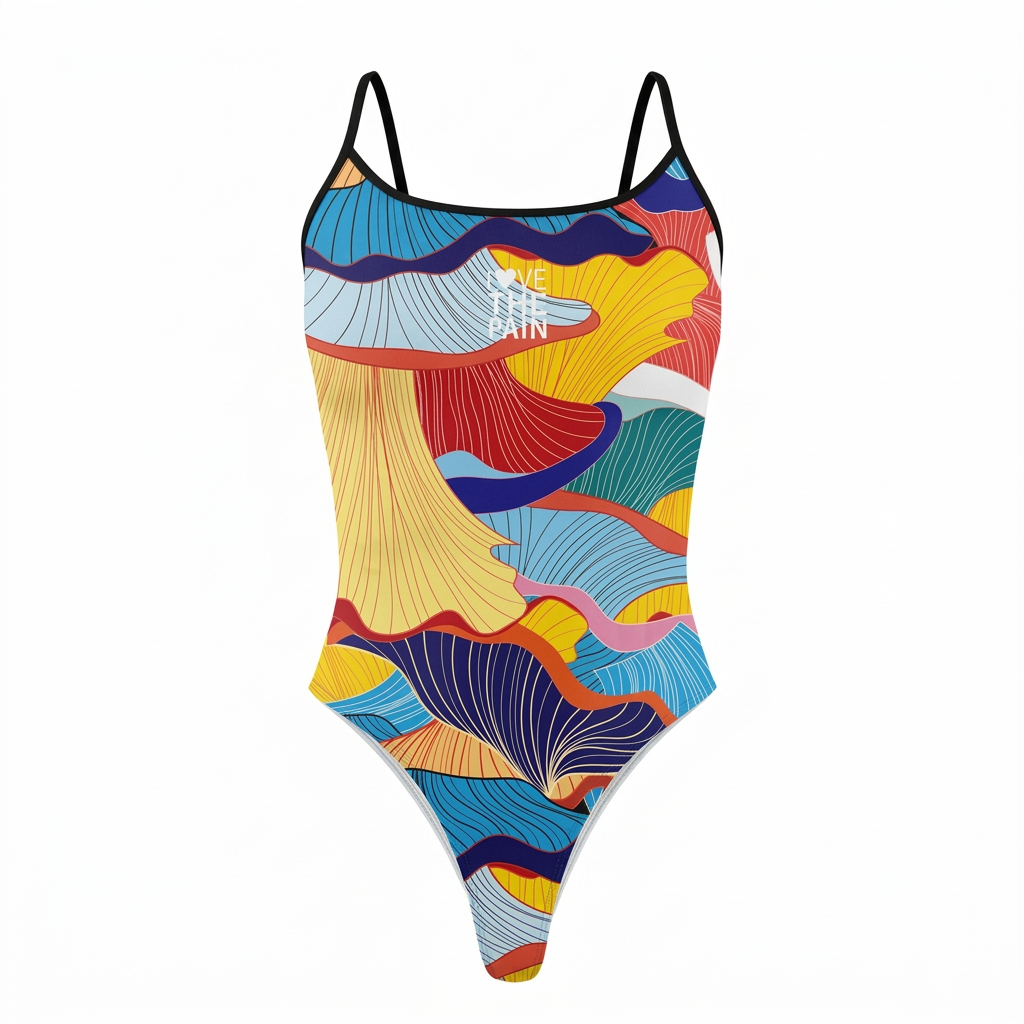 Colourful fan-wave print one-piece swimsuit with single black shoulder straps and pale leg edging on white