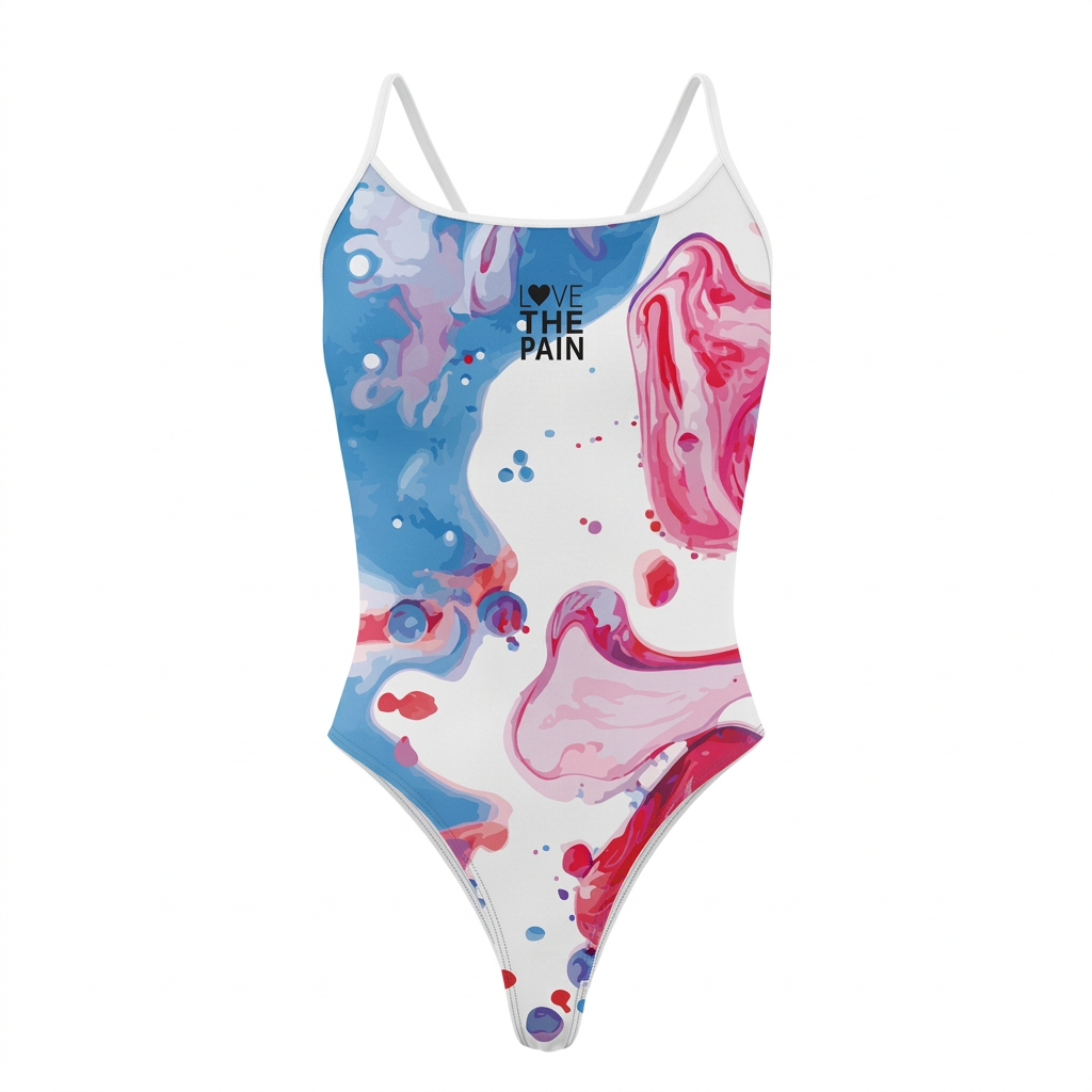 Blue pink swirl swimsuit, studio view