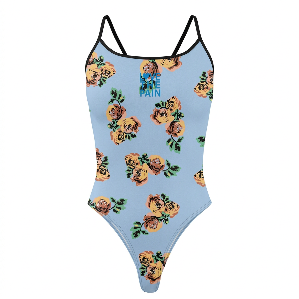 Pale blue rose print one-piece swimsuit, clean studio view