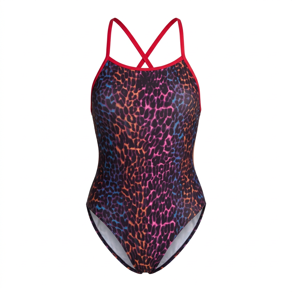 Dark rainbow leopard-print one-piece swimsuit with red straps, studio view