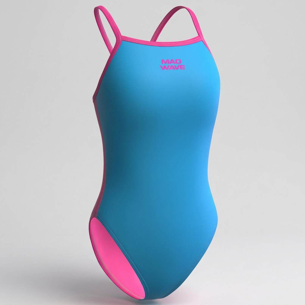 Turquoise and pink thin-strap one-piece swimsuit, studio