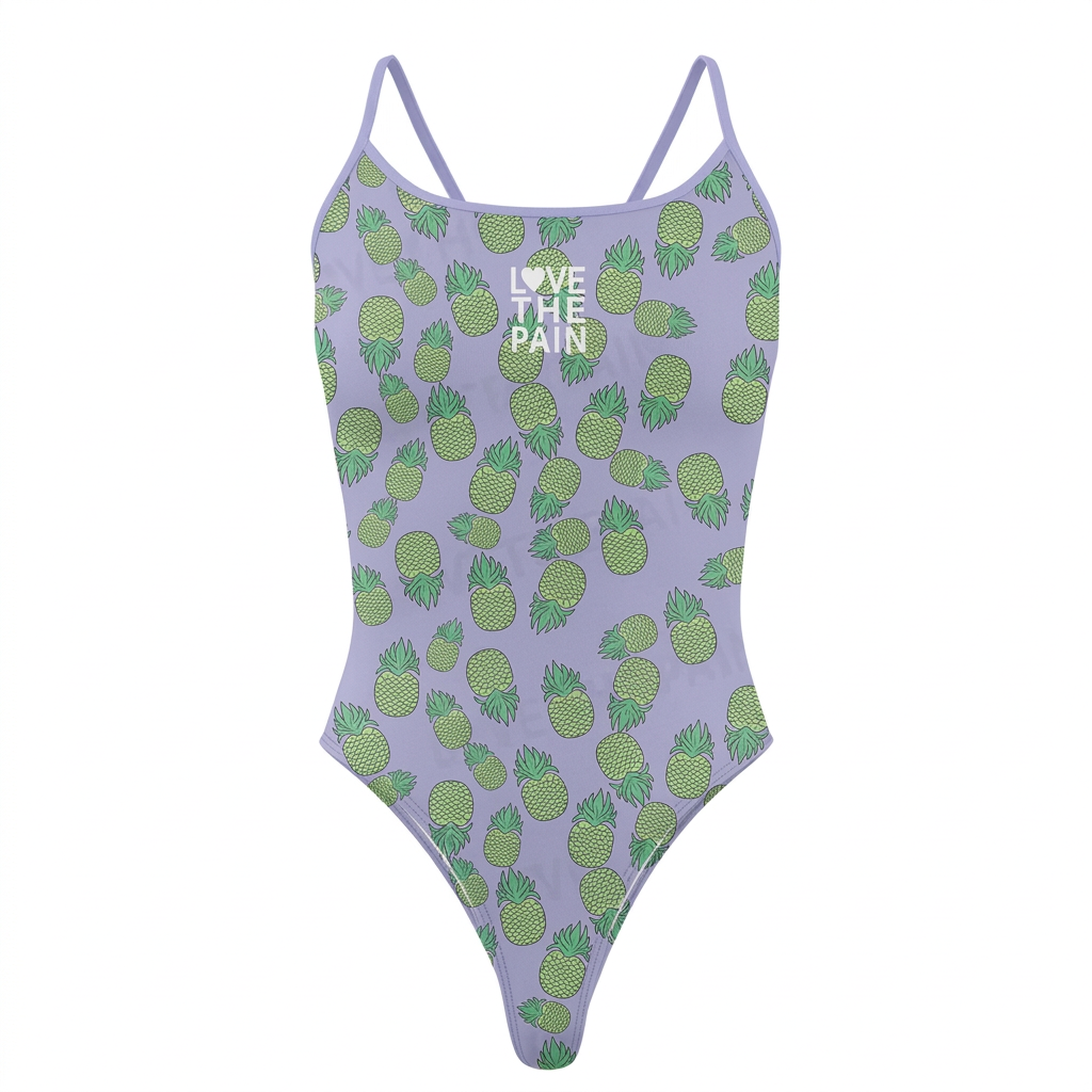 Lilac pineapple-print one-piece swimsuit on white background