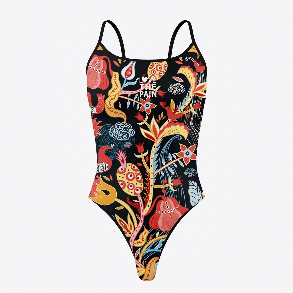Black botanical-print one-piece swimsuit with red and yellow flowers on a clean white background