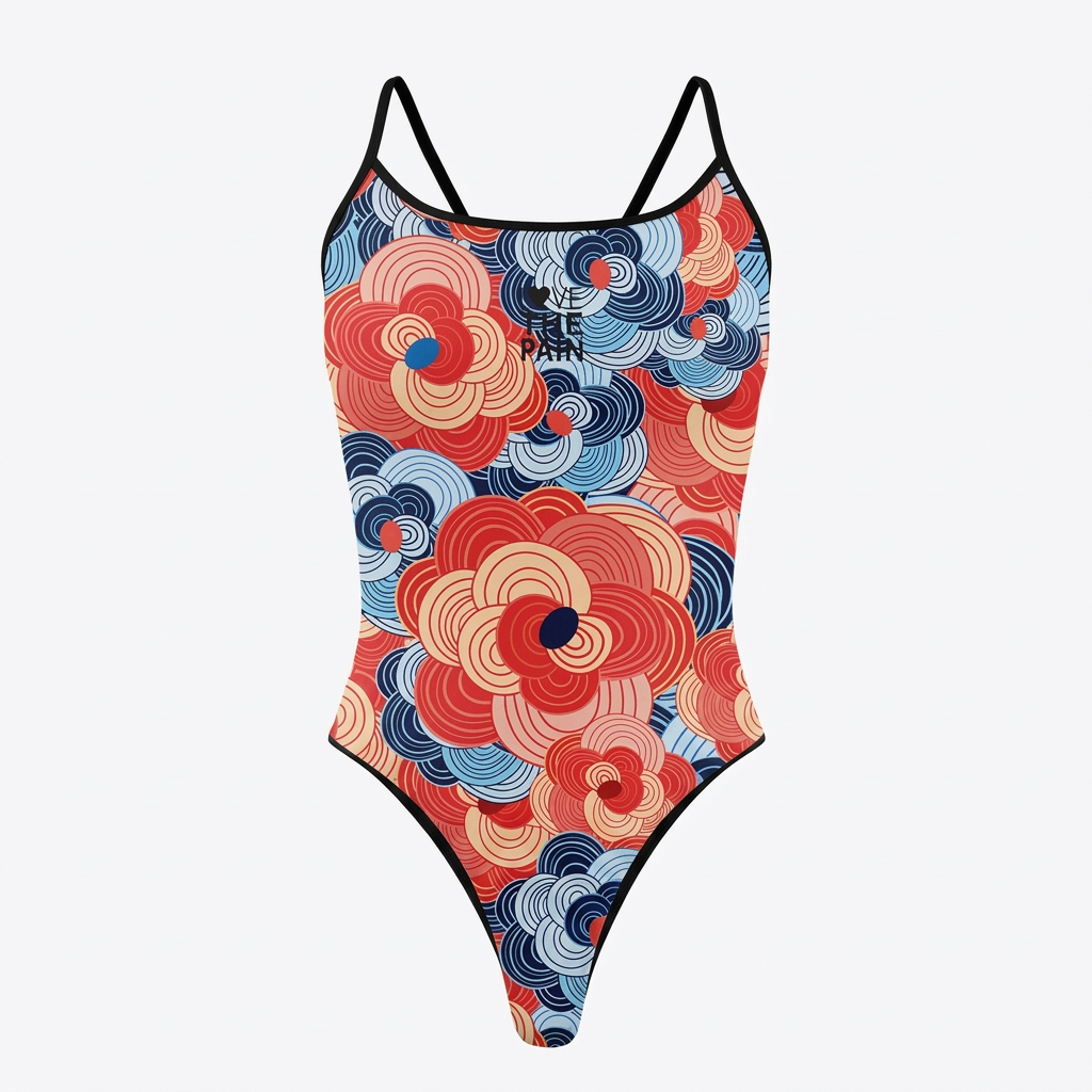 Red and blue circular floral-print one-piece swimsuit on a clean white background