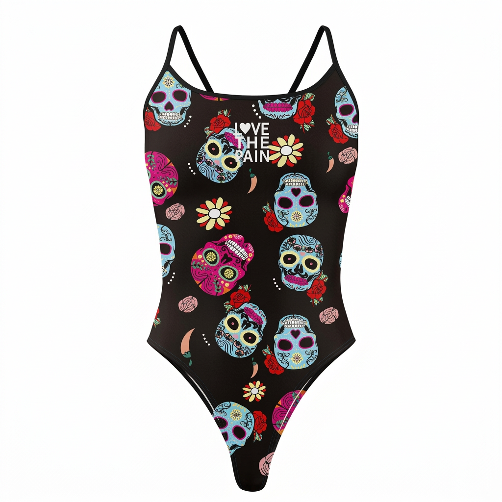 Skull and floral print one-piece swimsuit, clean studio view