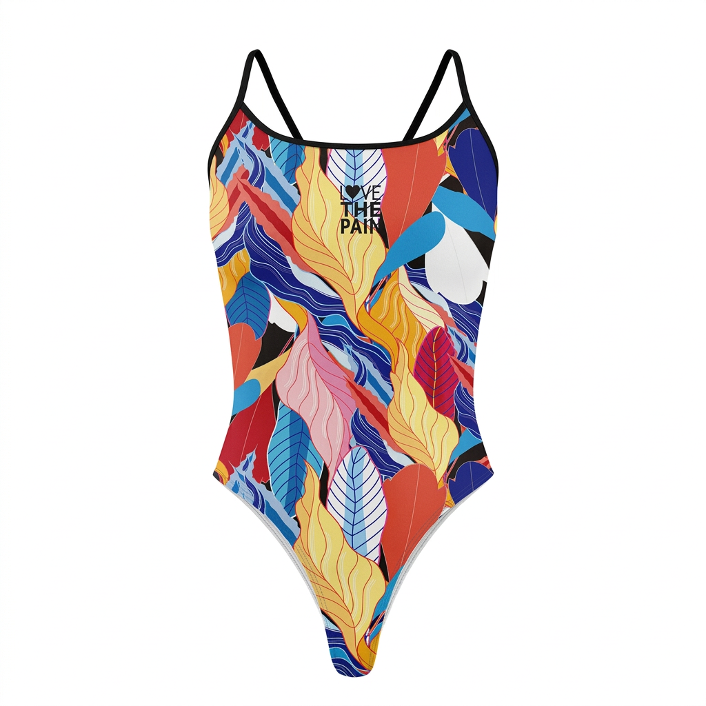 Colourful leaf-print one-piece swimsuit with single black shoulder straps on a clean white background