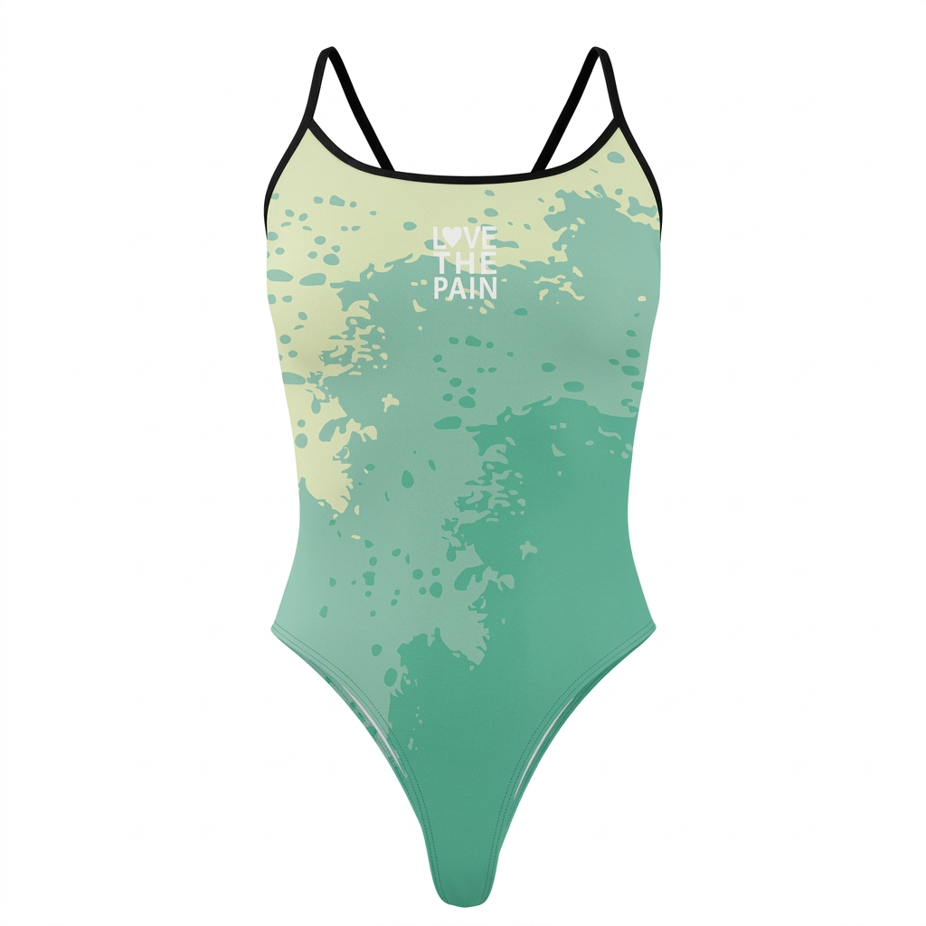 Mint splash print one-piece swimsuit, clean studio view