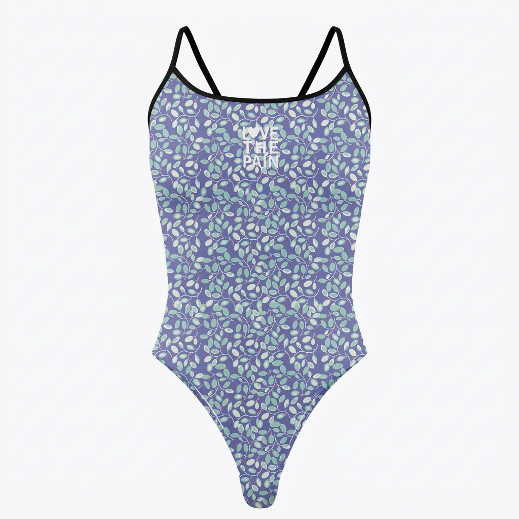 Blue leaf-print one-piece swimsuit on white background