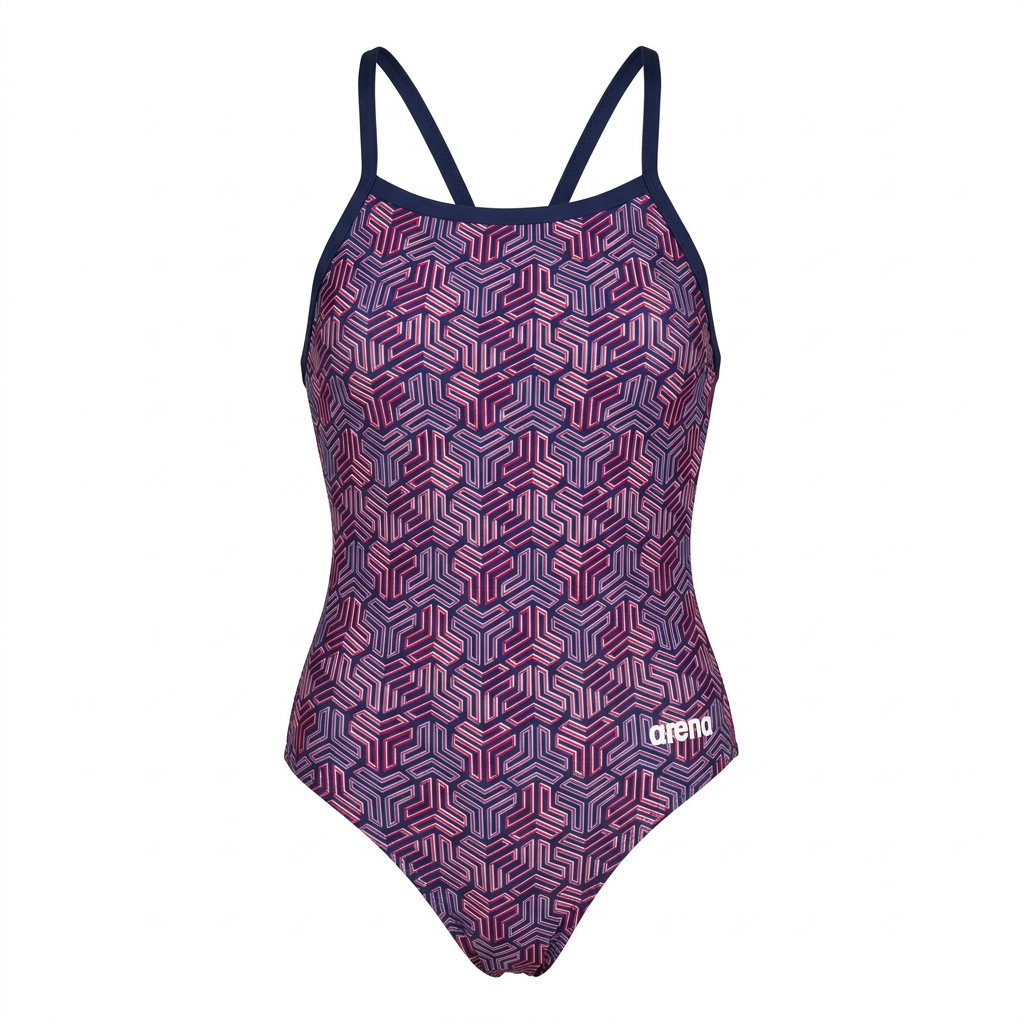 Dark purple geometric swimsuit with navy trim, studio view