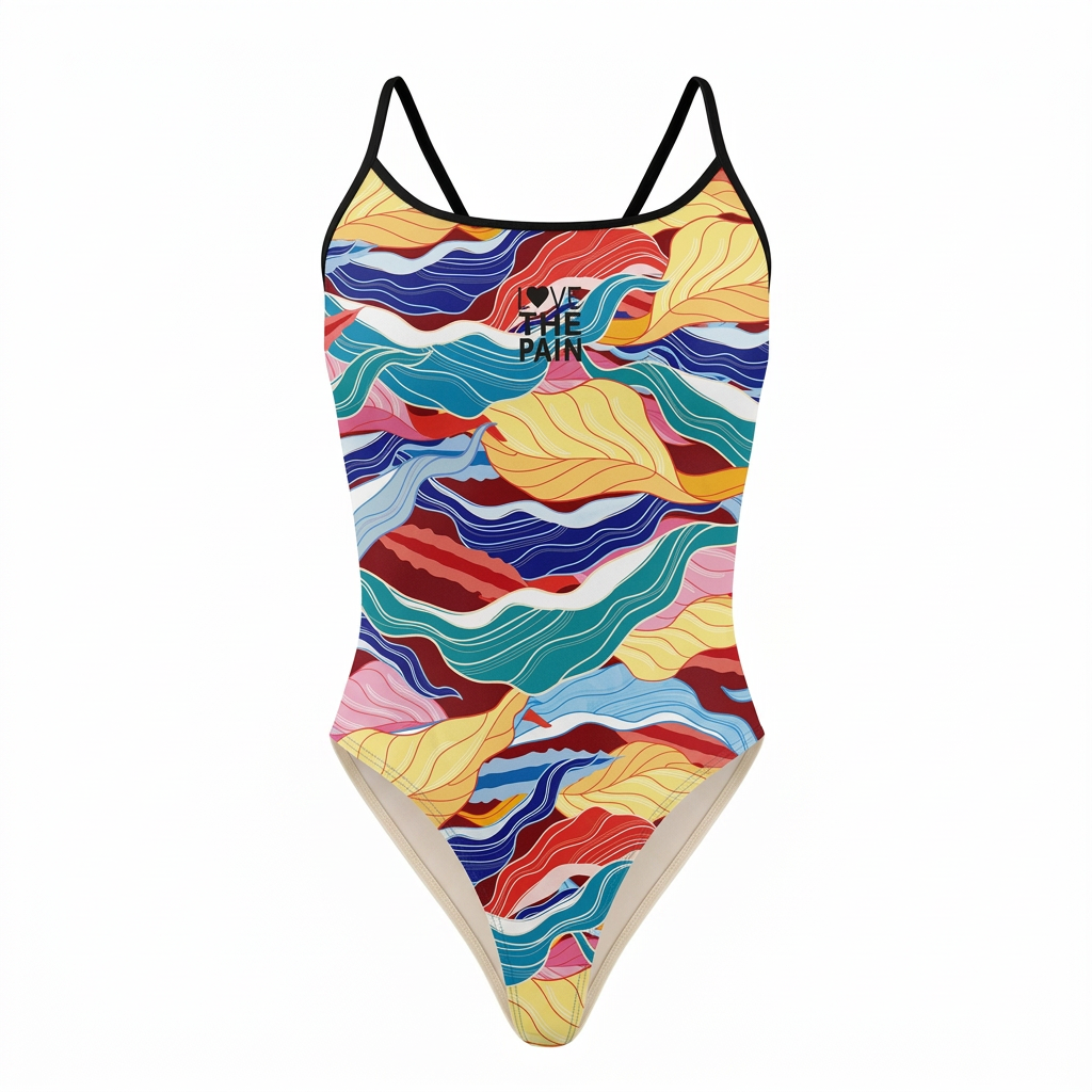 Multicolour horizontal-wave print one-piece swimsuit with single black shoulder straps on white